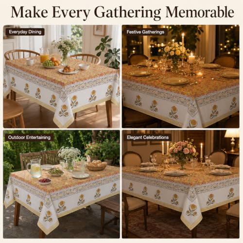 Pink Yellow Floral Rectangle Cotton Tablecloth 72x120 Inch Hand Block Printed Fall & Festive Decor