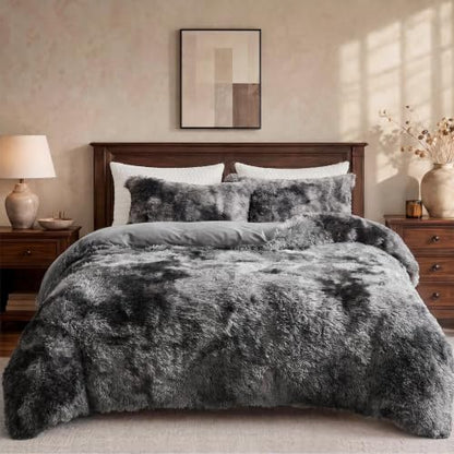 Tie-Dye Dark Grey Fluffy Queen Comforter Set - Luxurious Plush Bedding with Pillowcases