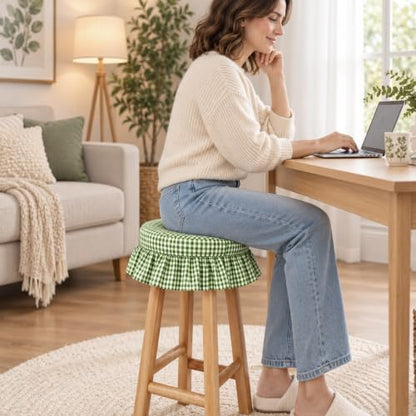 Gingham Ruffled Stool Covers 2-Pack - Green & White Plaid Home Decor