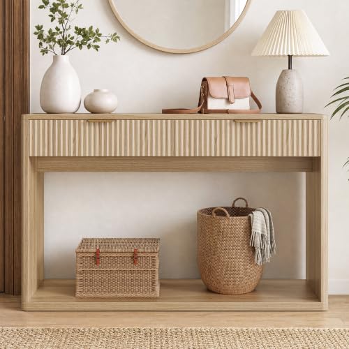 47-Inch Fluted Console Table with 2 Large Drawers for Entryway, Oak Finish