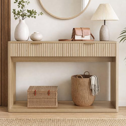 47-Inch Fluted Console Table with 2 Large Drawers for Entryway, Oak Finish