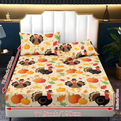 Thanksgiving Turkey King Size Bed Sheet Set 3 Pieces - Deep Pocket, Soft Fabric