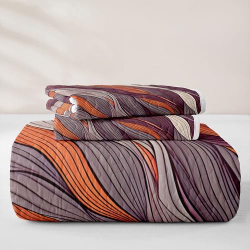 Geometrical Abstract Waves Quilt Set Queen Size - Orange Grey Red | Bohemian Lines Coverlet