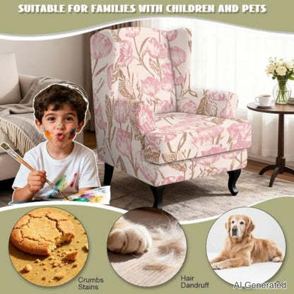 Pink Floral Stretch Wingback Chair Cover Set of 2 - Slipcovers for Living Room