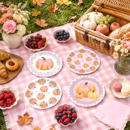 Pink Bow Pumpkin Paper Plates Set for Fall Thanksgiving Party - 48 Pieces