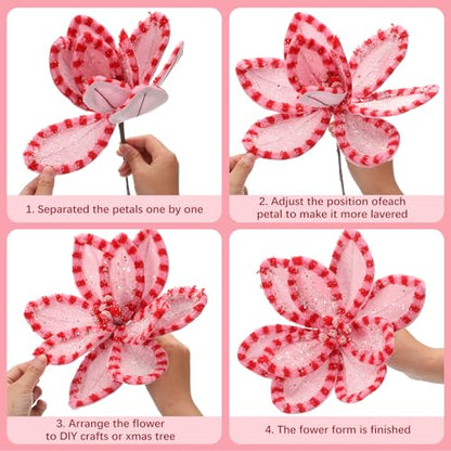 Pink Poinsettia Stem Set with Clips - 6 Pieces for Christmas Tree Decor - Pink Dot