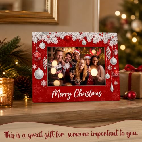 Christmas Picture Frame for 4x6 Photos Xmas Ornament Holiday Keepsake - Red Festive Tabletop Decor - A07 Xmas