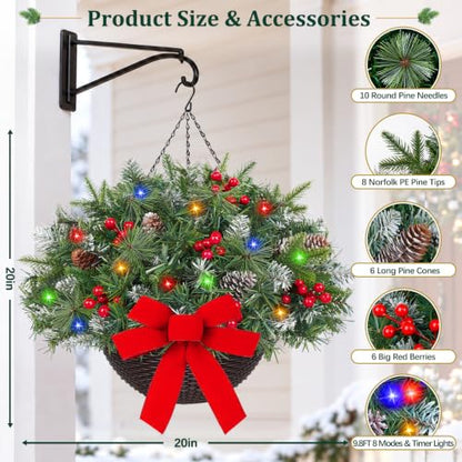 Artificial Christmas Hanging Basket with Lights and Bow - Green, 21 Inches
