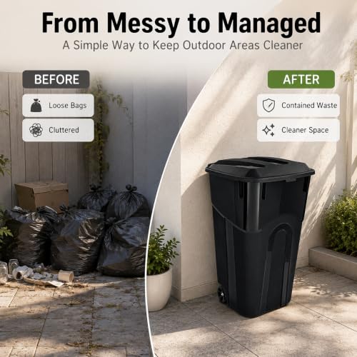 45 Gallon Wheeled Outdoor Trash Can with Locking Lid - Heavy Duty Leak-Proof Design