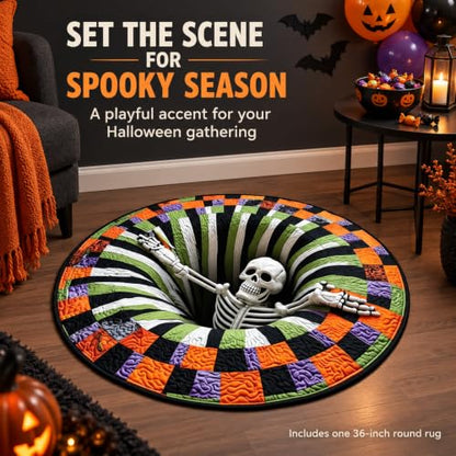 Halloween Skeleton Vortex 3D Rug - 36 Inch Round Non-Slip Indoor Floor Mat