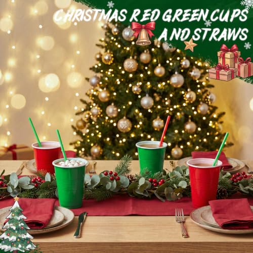 Christmas Red Green Plastic Disposable Cups with Straws - 120 Pcs Set