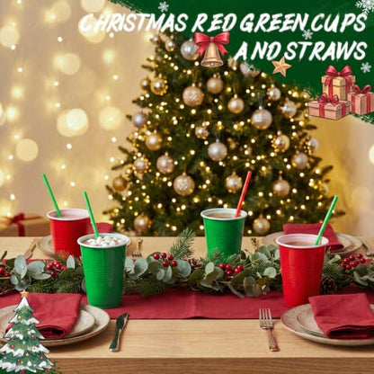 Christmas Red Green Plastic Disposable Cups with Straws - 120 Pcs Set
