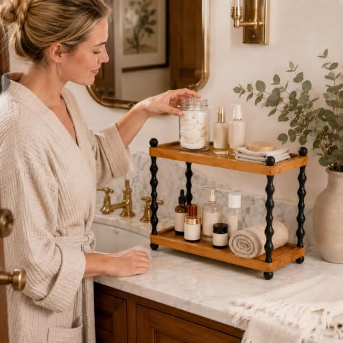 Wooden 2-Tier Bathroom Counter Organizer with Spindle Legs, Vanity Storage Shelf