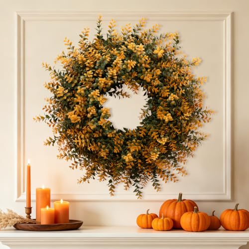 26 Inch Fall Wreath for Front Door with Orange and Green Boxwood - Outdoor Decor