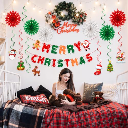 Christmas Party Decorations Set with Banner, Paper Fans & Swirls - Red Green Holiday Decor