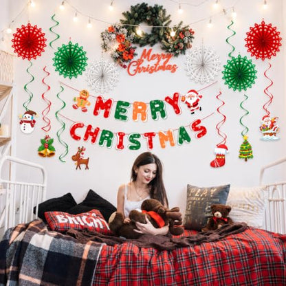 Christmas Party Decorations Set with Banner, Paper Fans & Swirls - Red Green Holiday Decor