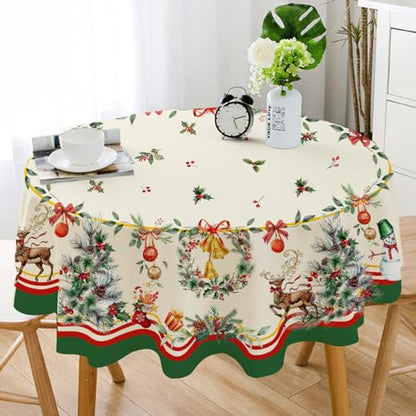 Round Christmas Tablecloth 60x60in Tree Elk Holiday Decor Waterproof & Wrinkle-Resistant