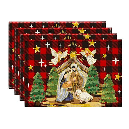 Christmas Placemat Set of 4 - 12x18 Inch Buffalo Plaid Holiday Table Mats