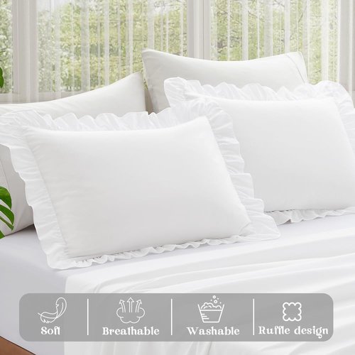 KKJIAF Ruffle Pillow Cases - Set of 2 Standard Size 20" x 26" | Wrinkle Resistant White Ruffled Covers