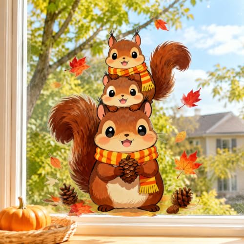 Fall Static Window Clings Cute Squirrel Maple Leaf Pinecone Thanksgiving Decor - Colorful 3