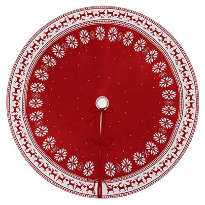Dremisland 36 Inch Red Christmas Tree Skirt Knitted Holiday Decor with Snowflake & Reindeer