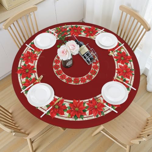 Christmas Round Fitted Tablecloth 43 Inch with Elastic Red Floral Design