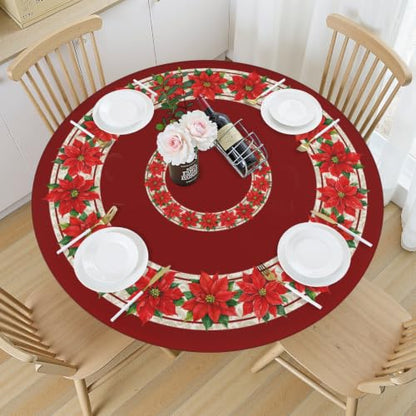 Christmas Round Fitted Tablecloth 43 Inch with Elastic Red Floral Design