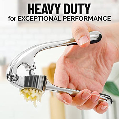 Zulay Kitchen Premium Garlic Press Set - Rust Proof & Dishwasher Safe Professional Garlic Mincer Tool - Easy-Squeeze, Easy-Clean with Soft, Ergonomic Handle - Silicone Garlic Peeler & Brush (Chrome)