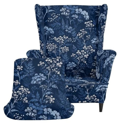 Blue Flower Leaves Wild Botanical Wingback Chair Slipcover 2-Piece Washable Furniture Protector
