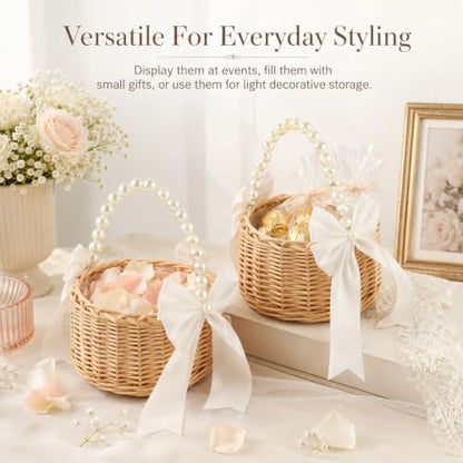 Wicker Flower Girl Basket Set with Pearl Handle & Bow for Wedding Decor