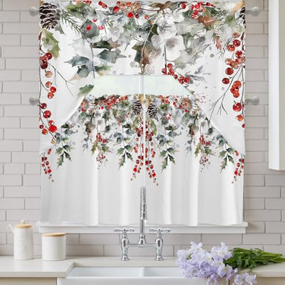 White Winter Christmas Swag Valance and Tier Curtain Set 36" Length