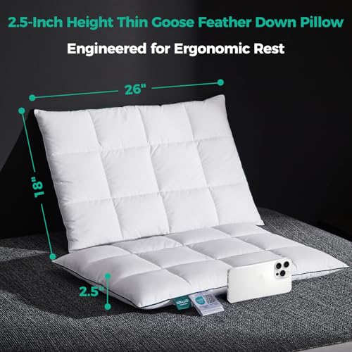 White 2.5 Inch Flat Goose Down Feather Pillow - Standard Size, Hotel Collection