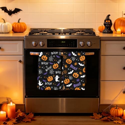 Halloween Kitchen Towels Set of 2 Ghost Pumpkin Hand Towels - Black Halloween