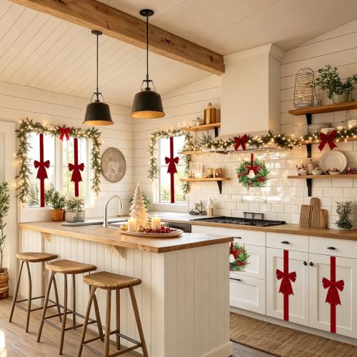 Christmas Cabinet Bows Set - Velvet Red 12 Pcs for Kitchen & Holiday Decor