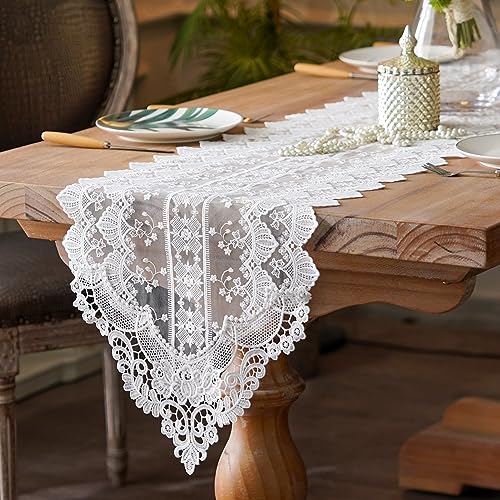 SUTAVIA White Embroidery Table Runner 13x98 Floral Lace Farmhouse Decor