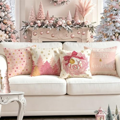 20x20 Inch Christmas Wreath Pillow Covers Set of 4 - Pink Holiday Decor