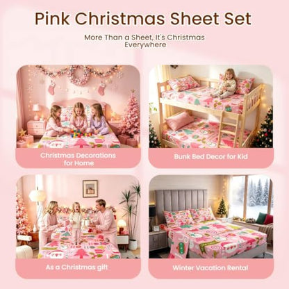 Pink Christmas Bed Sheets Set Twin with Santa Snowman Deer & Tree Design - Variation of Multi 43 / Twin