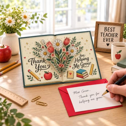 Teacher Appreciation Pop Up Greeting Card with Floral Design - Thank You for Educators