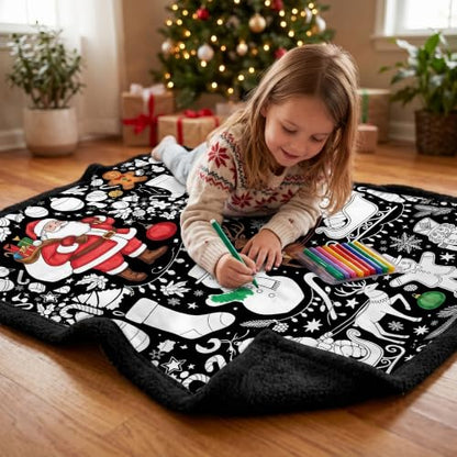 Kids DIY Christmas Blanket with 24 Markers - 51x59 Inches Black Sherpa Fleece
