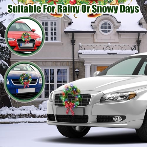 12V LED Christmas Car Wreath with Red Bow and Colorful Lights - 13 Inch Artificial Holiday Decoration, 2 Pack, Checkered Bow Variation