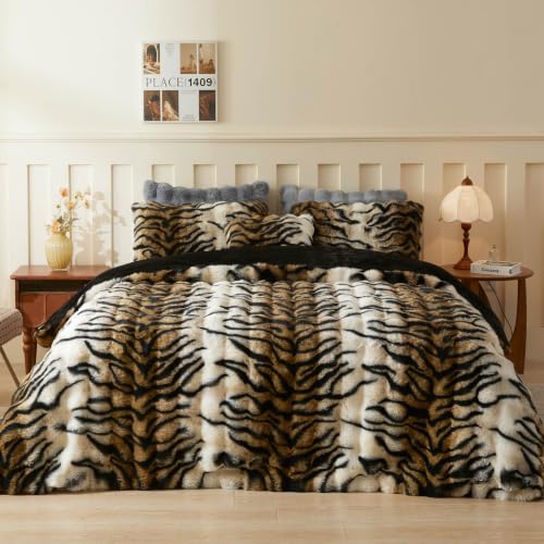 Queen Tiger Print Faux Rabbit Fur Duvet Cover Set - 3 Pieces, Brown