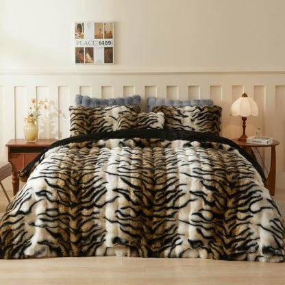 Queen Tiger Print Faux Rabbit Fur Duvet Cover Set - 3 Pieces, Brown
