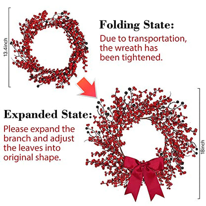 Artificial Christmas Wreath 18 Inch Red Berry Winter Decor Handmade Front Door Indoor Outdoor