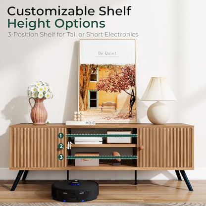 GTPLAYER Cocoa TV Stand for Living Room 55/60/65 Inch TVs Retro Brown Entertainment Center with Fluted Doors & Adjustable Shelves