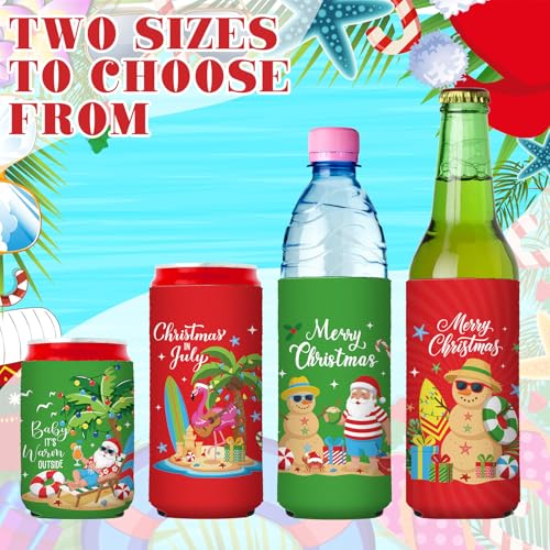 Christmas in July Can Coolers 24 Pack - Tropical Hawaiian Beer Sleeve Set with 2 Sizes