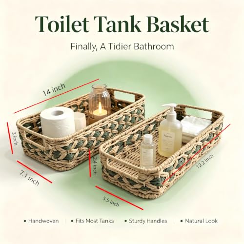 2-Pack Woven Rattan Bathroom Organizer Baskets with Handles for Toilet Tank