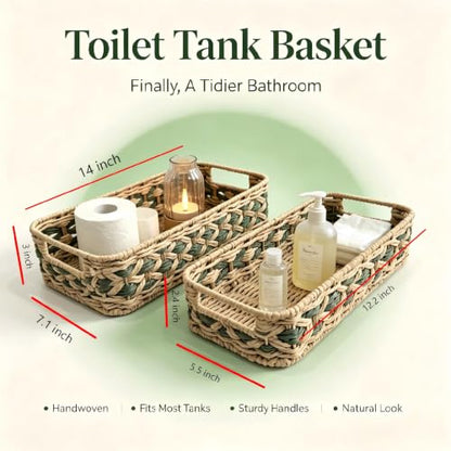 2-Pack Woven Rattan Bathroom Organizer Baskets with Handles for Toilet Tank
