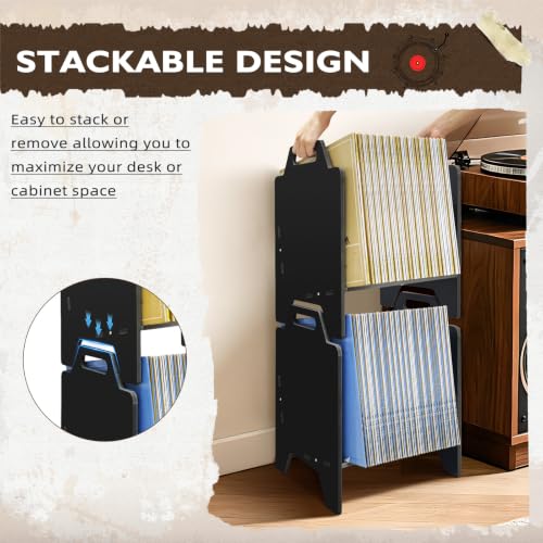 Black Vinyl Record Storage Organizer Rack, 2 Pack Stackable LP Shelf for Albums & More