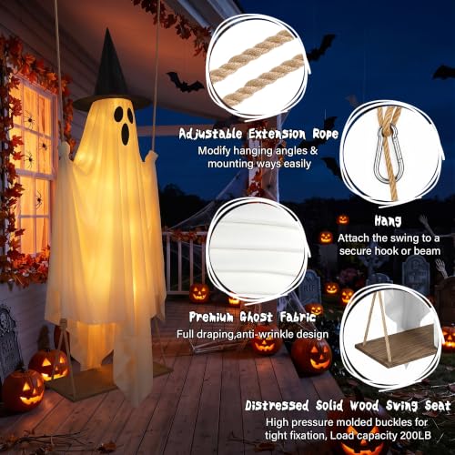 Halloween Outdoor Swinging Ghost Decor - 5.1FT Spooky Hanging Ghost with Lights
