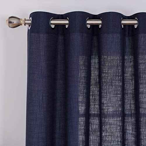 Deconovo Grommet Faux Linen Window Curtains Linen Look Panels Solid Drapes for Kitchen Small Window Navy Blue 52x45 Inch 2 Panels